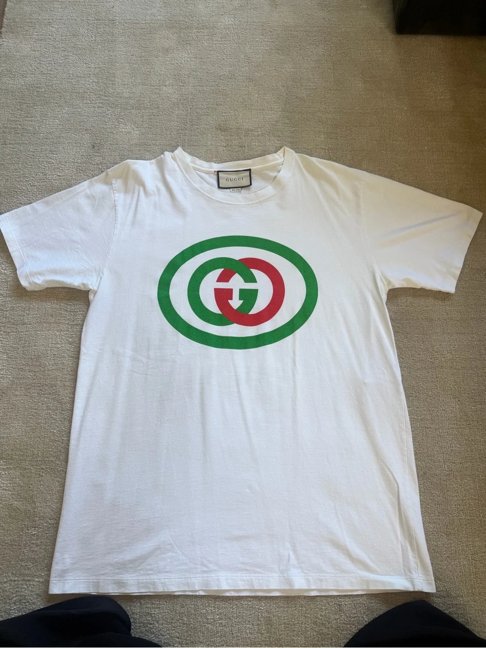 Gucci White Tee with Green and Red Interlocking Logo